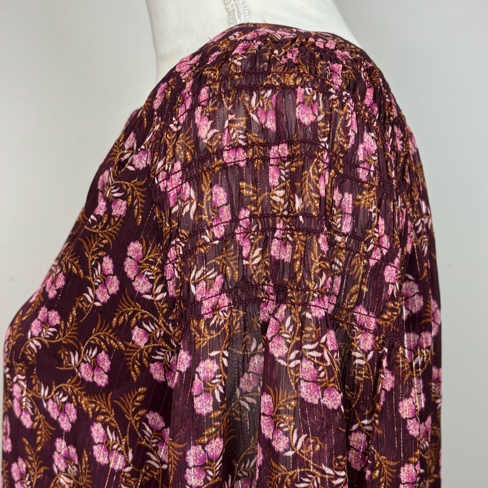 Loft Top Medium Burgundy Floral Lined V-Neck Tie Front Long Sleeve Blouse - Picture 5 of 11